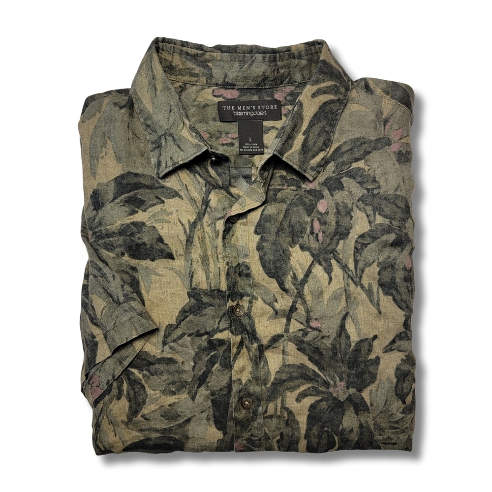 Bloomingdale's 100% Linen Floral Camo Short Sleeve Shirt